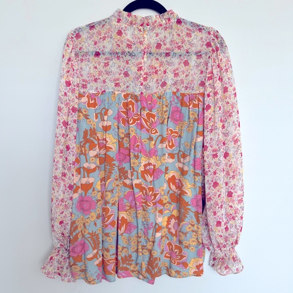 JODIFL Flower Frenzy Bubble Sleeve Top Multicolor Floral Bohemian Blouse Size M - Picture 5 of 8